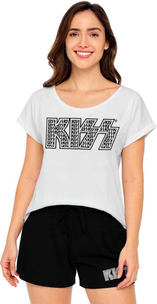 KISS - Schlafanzug für Frauen Pyjama Set Kurz Oberteil mit Hose Schwarz/Weiß XXL