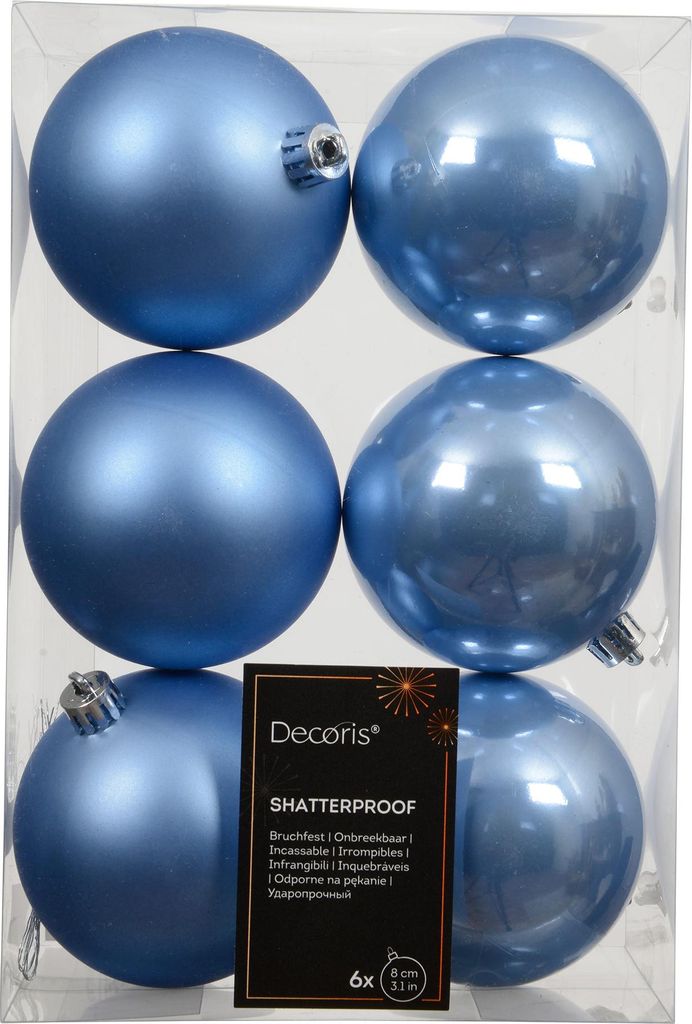 Kerstbal kunststof d8 cm sky blauw 6 st Decoris Productafbeelding 