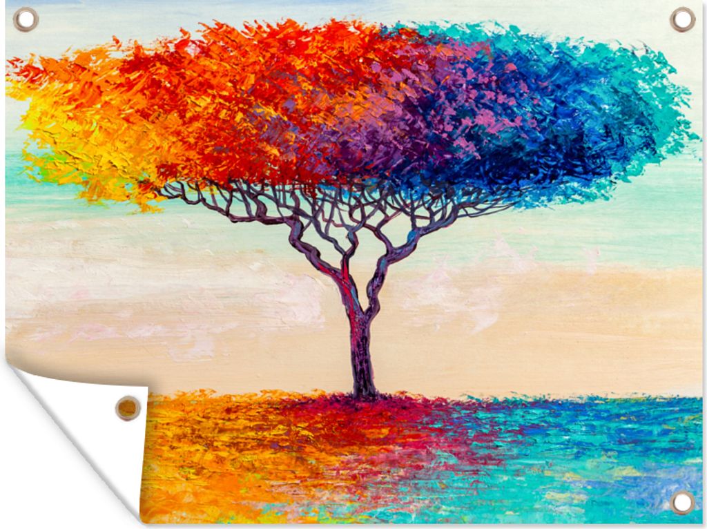MuchoWow 80x60 cm Outdoor-Poster Gartendeko Sichtschutz Garten Poster für den Garten Gemälde - Ölfarbe - Baum - Regenbogen