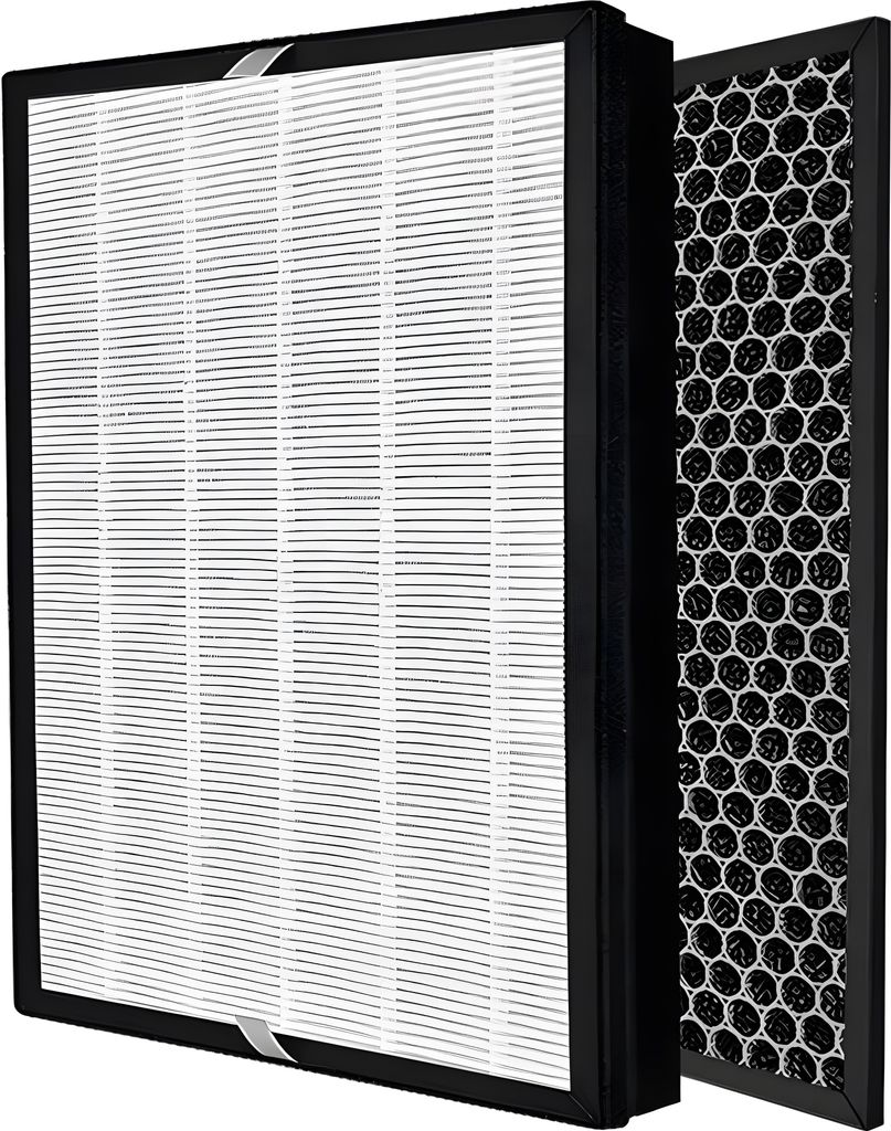 Two air filters are shown side-by-side against a white background. The filter on the left is a pleated HEPA filter, and the filter on the right is a honeycomb-structured activated carbon filter.