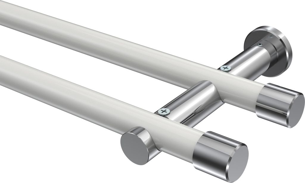 Interdeco Gardinenstange / Vorhangstange Weiß / Chrom, Typ Platon Santo (Kappe) ohne Ringe, 20 mm Ø 2-läufig, 100 cm