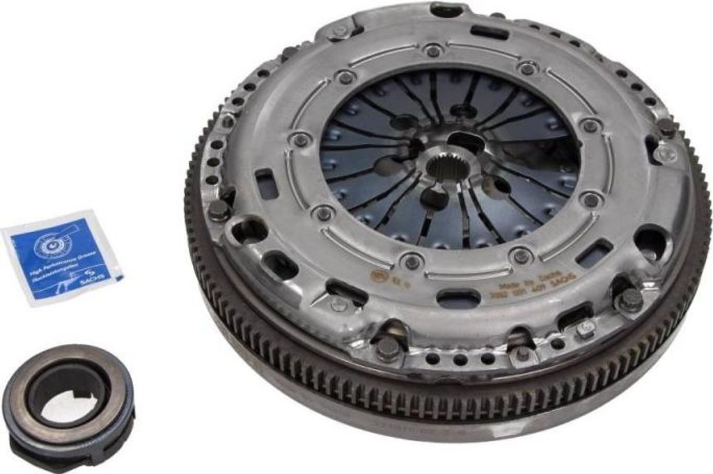A clutch kit, including a flywheel, pressure plate, and release bearing, is displayed on a white background.