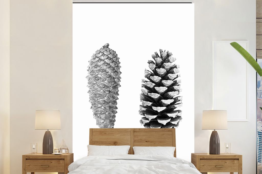 MuchoWow Fototapete für Wohnzimmer oder Schlafzimmer Wandtapete Vinyl Motivtapete Tannenzapfen - Natur - Schwarz und Weiß - Herbst - 180x280 cm...