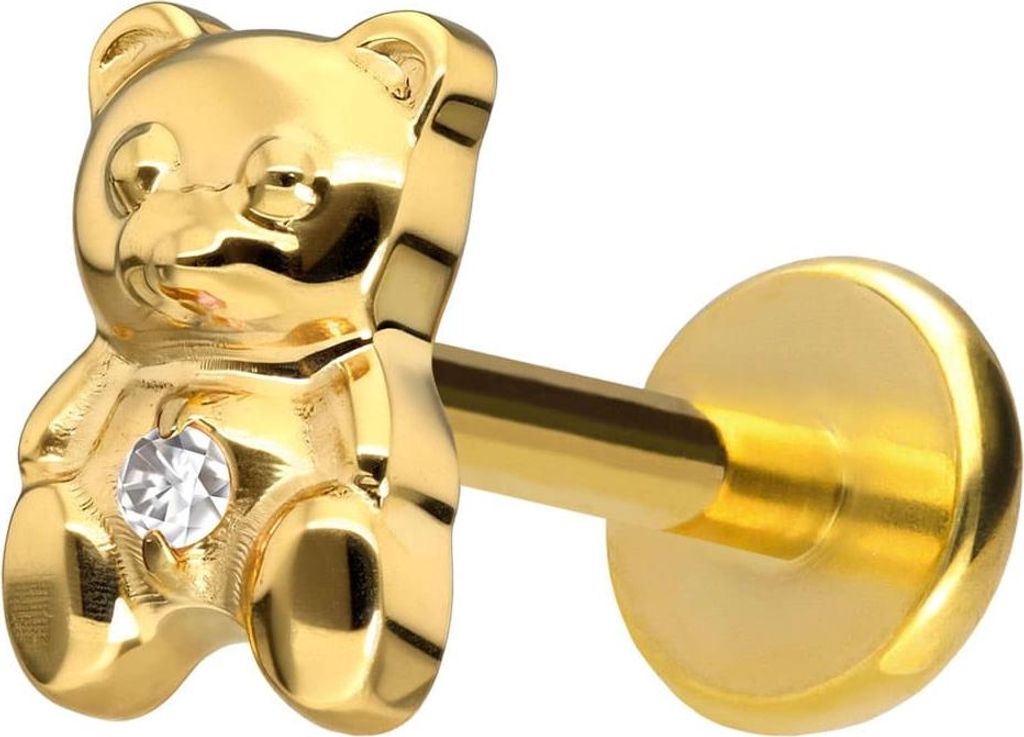 Ohrpiercing, Nasenpiercing Titan Labret mit Push Fit TEDDYBÄR Gold Stablänge: 9mm | Stabstärke: 1mm