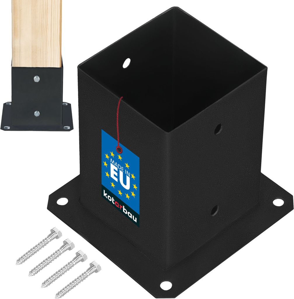 A black metal post anchor with a wooden post inserted into it, along with screws, on a white background.