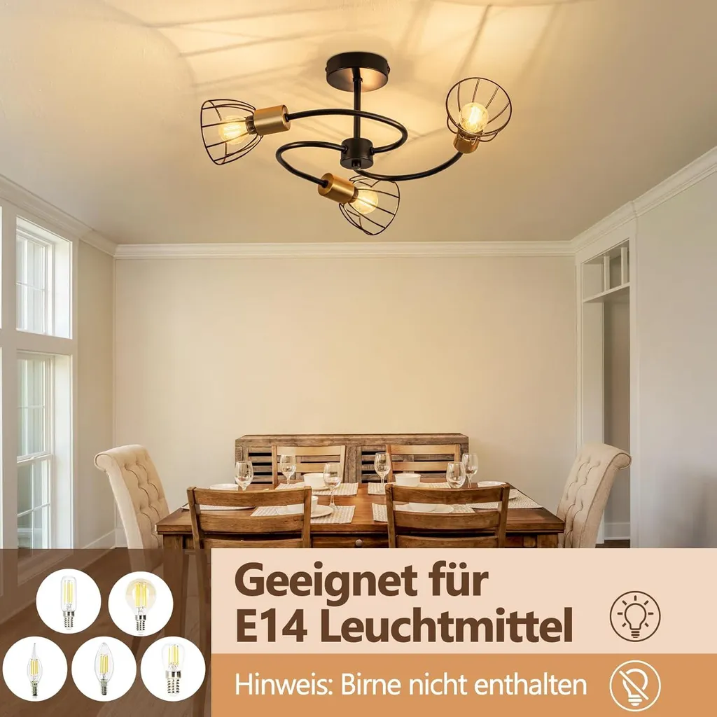 Plafonnier Noir Métal 3 Lampes E14 : Éclairage Puissant et Design Fixe