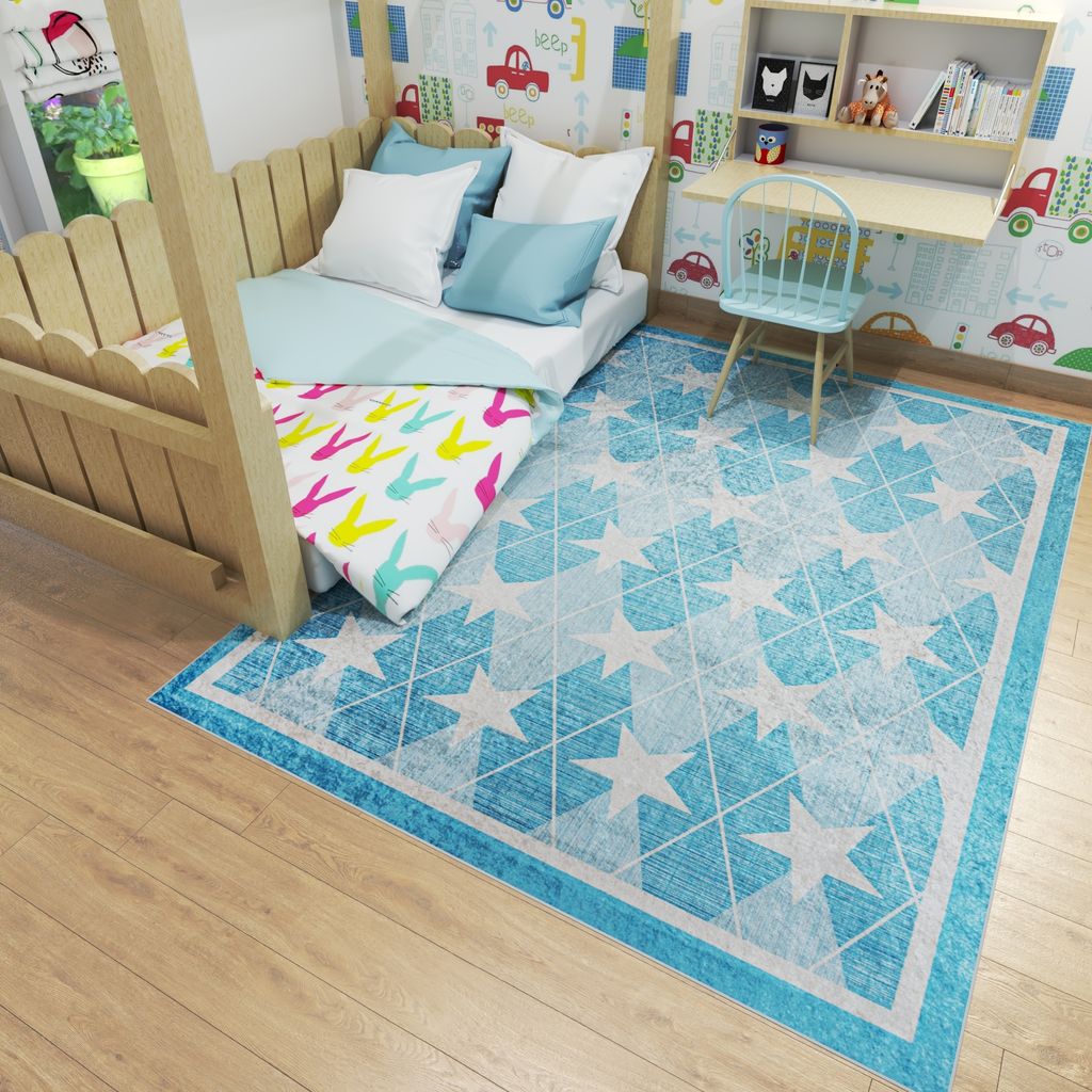 Kinderteppich Mazovia - Sterne - Blau Teppich für Kinderzimmer - Kurzflor, Maschinenwaschbar - 140x200 cm
