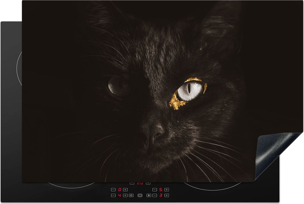 KitchenYeah Herdabdeckplatte Katze - Gold - Schwarz , 80x52cm, Küche Deko, Glaskeramikfeld Herdabdeckung, Abdeckplatte fùr Kochfeld
