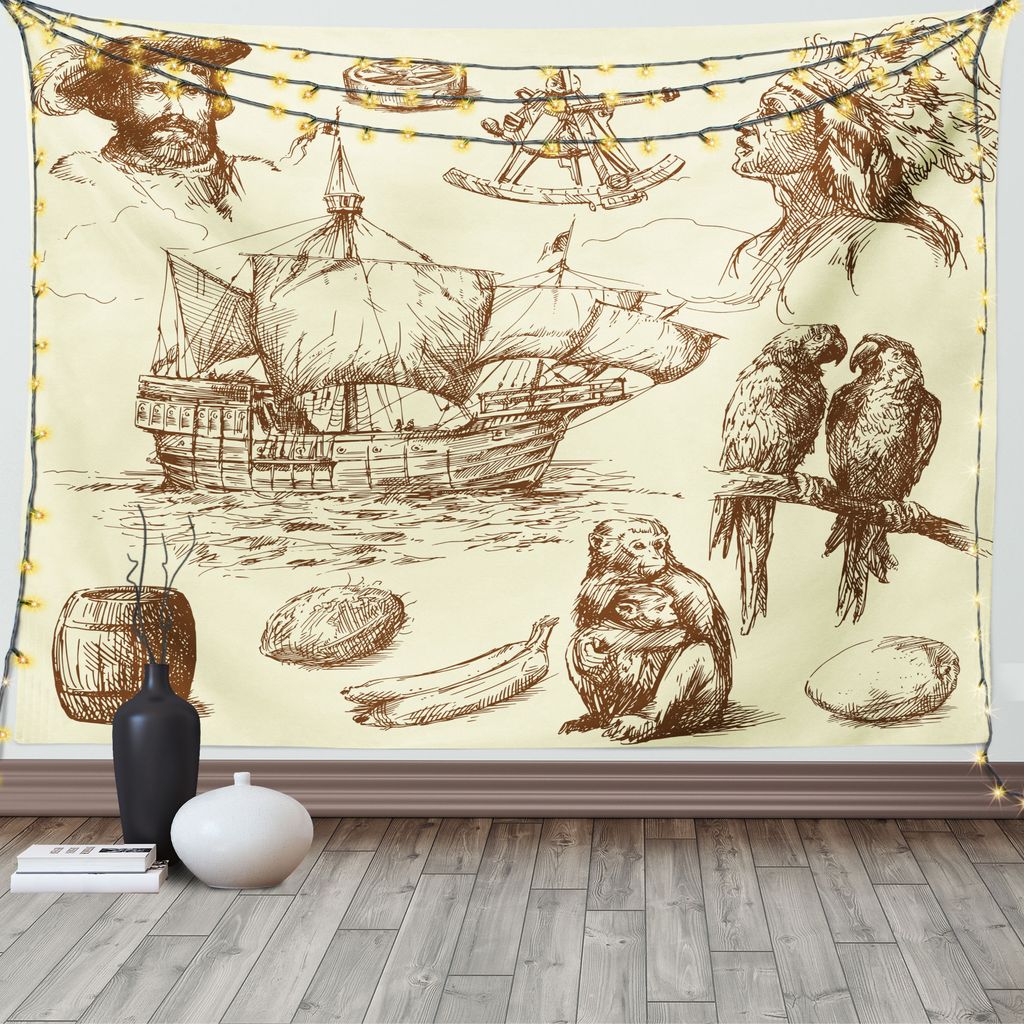 ABAKUHAUS Nautisch Wandteppich, Altes Handelsschiff, Wohnzimmer Schlafzimmer Heim Seidiges Satin Wandteppich, 200 x 150 cm, Hellgelb Braun