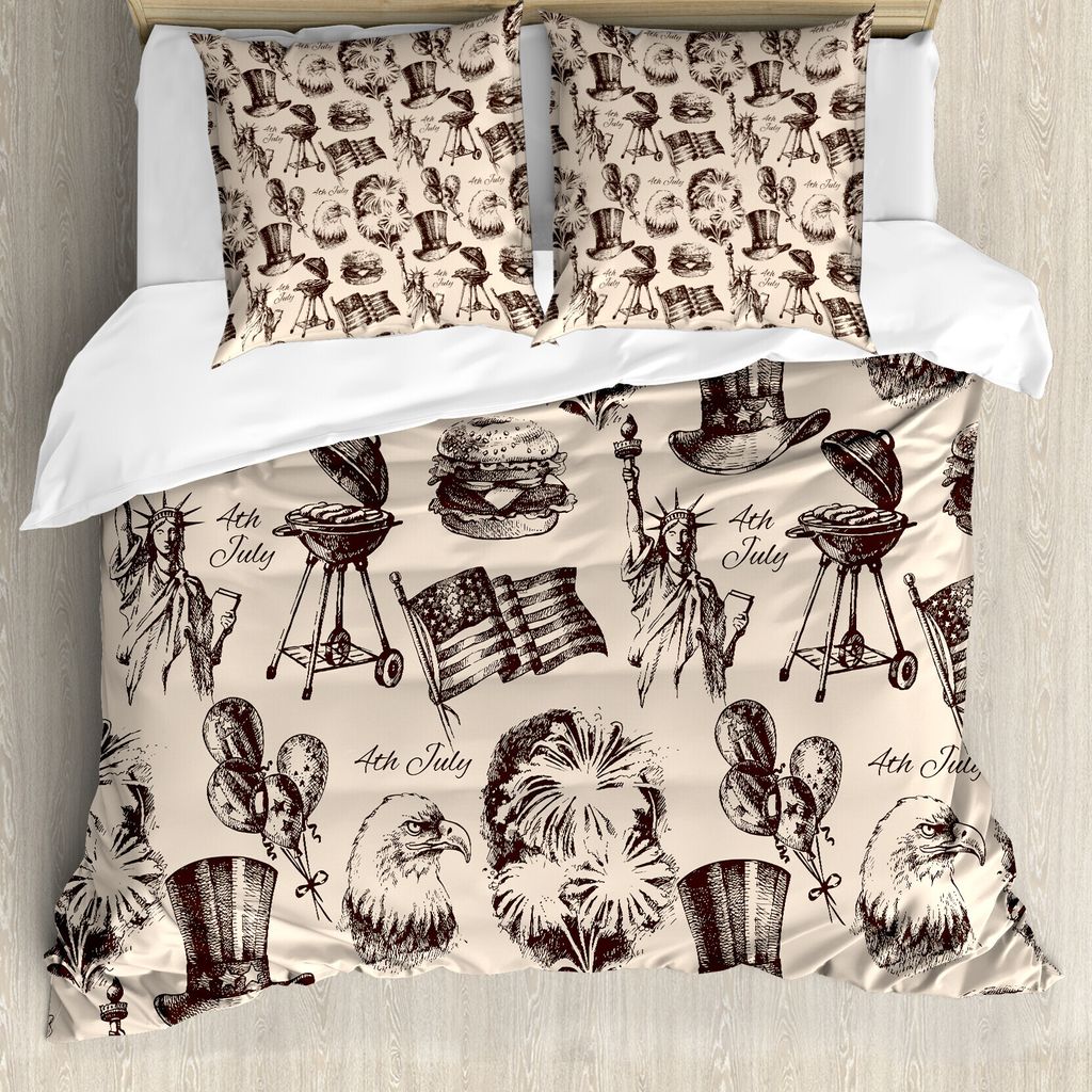 ABAKUHAUS 4. Juli Bettbezug, Vintage Americana, Milbensicher Allergiker geeignet mit Kissenbezügen, 155 cm x 220 cm - 80 x 80 cm, Beige und Armee-...