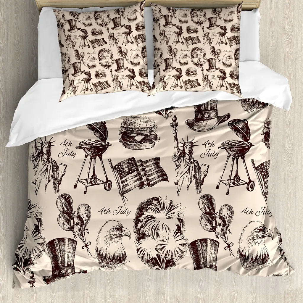 ABAKUHAUS 4 luglio Copripiumino, Vintage Americana, antiacaro, adatto a chi soffre di allergie, con federe, 155 cm x 220 cm - 80 x 80 cm, beige e verde militare