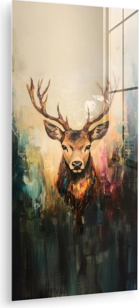 MuchoWow Glasbilder - Bilder auf Wandbild - Foto auf Glas Hirsch - Gemalt - Geweih - Braun 40x80 cm Wanddekoration aus Glas - Acrylglasbild - Acryl...