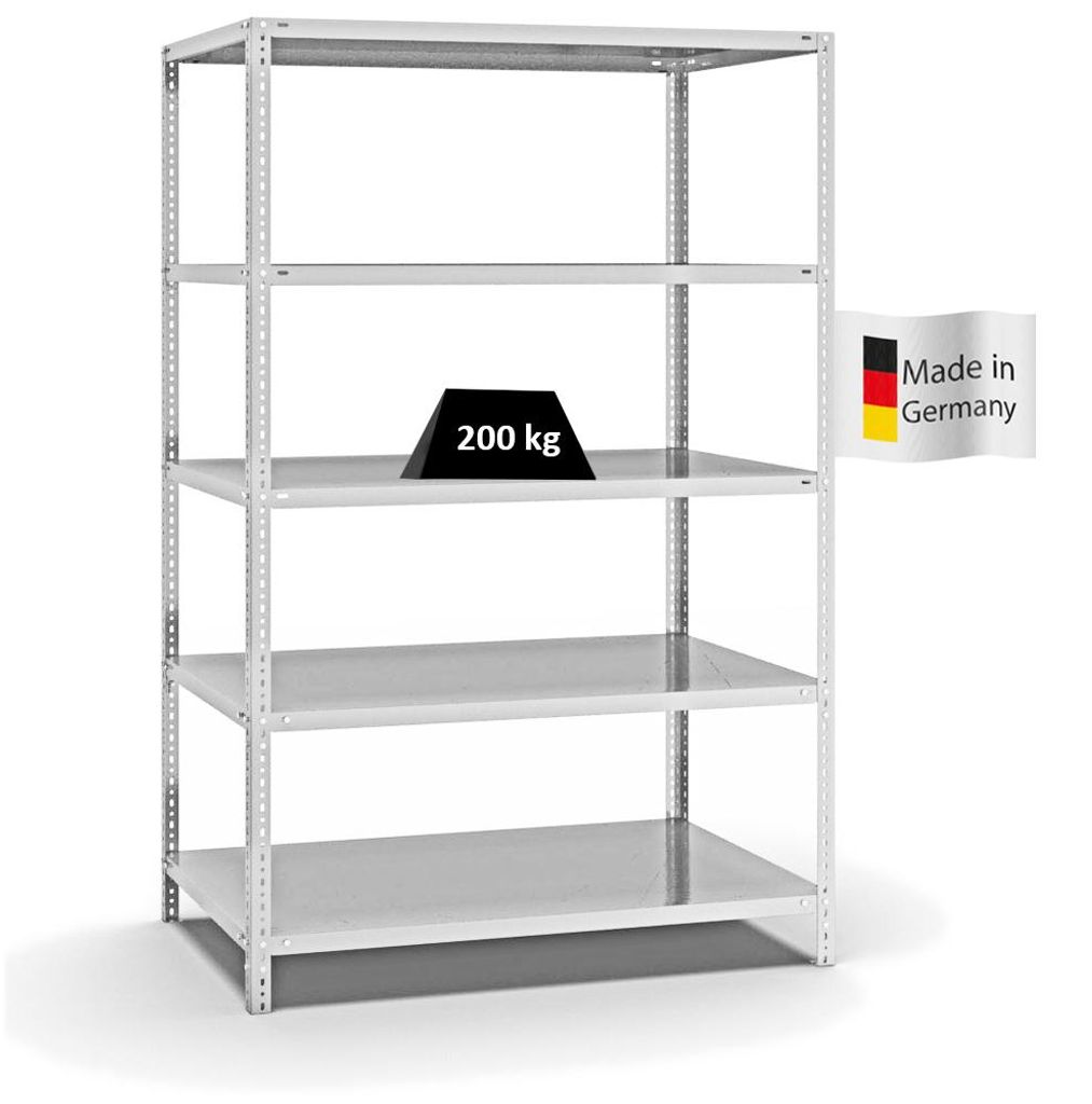 PROREGAL Fachbodenregal Schraubsystem MAGNUS Germany | HxBxT 200x130x80cm | 5 Ebenen | Fachlast 200 kg | Beidseitig nutzbar | Lichtgrau