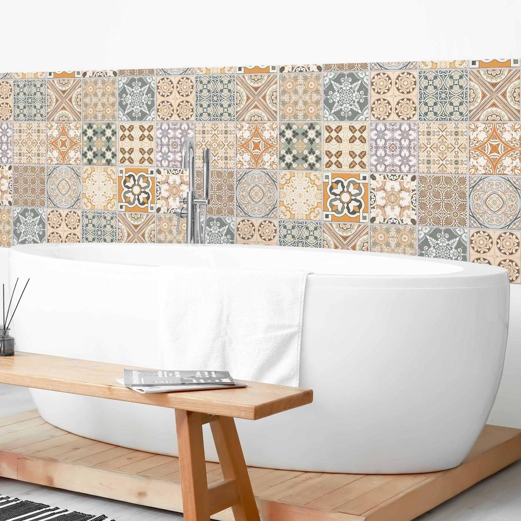 Wandverkleidung Bad mit Motiv selbstklebend - 0.35 mm Wandpaneel matt wasserfest Design beige Fliesenoptik Vintage Badrückwand fugenlos 50x50 cm