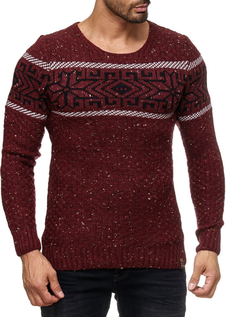 Herren Strickpullover Rundhals Norwegerpullover Muster RS-18003 Bordeaux L
