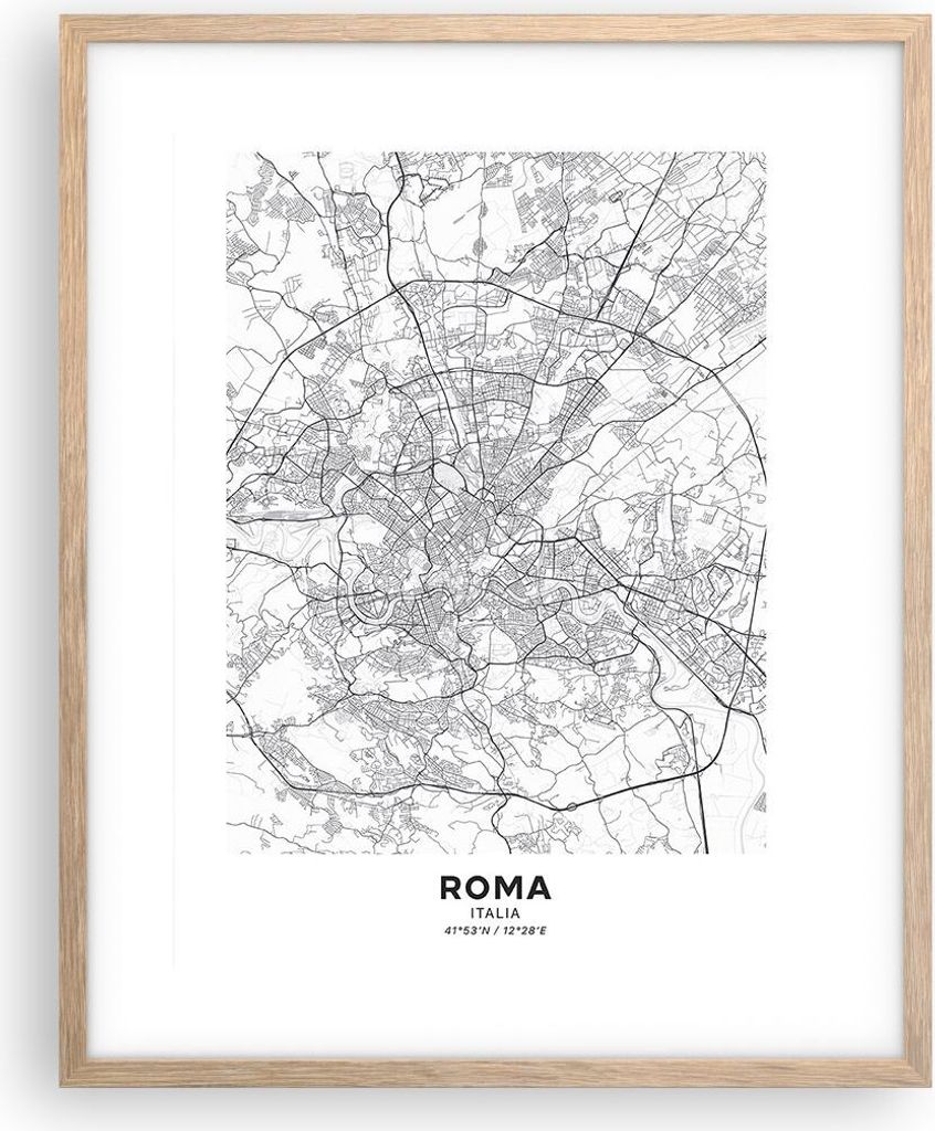 Gerahmtes Poster - Rahmen in heller Eiche - Stadt Karte Rom - 40x50 cm - Wand Bild - Wanddeko - Wandbilder - Kunstposter - Wandposter - Bilderrahme...