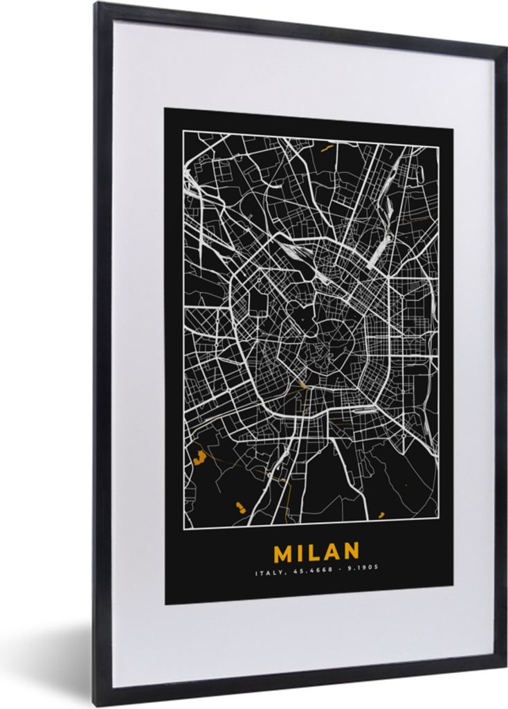 MuchoWow Gerahmtes Poster Karte - Mailand - Gold - Stadtplan 40x60 cm - Poster mit Schwarzem Bilderrahmen Wandposter Rahmen Foto Bilder - Poster ...