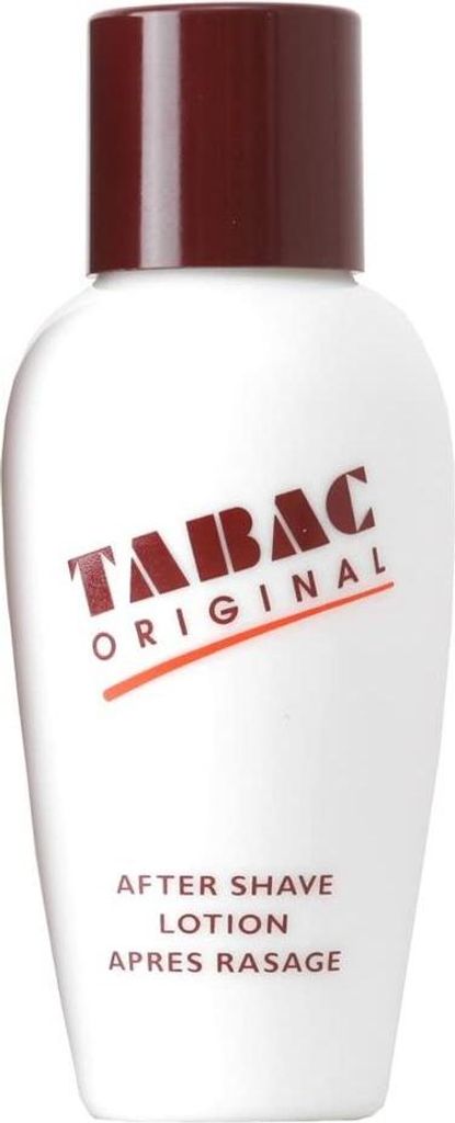 A white bottle of Tabac Original After Shave Lotion with a brown cap.