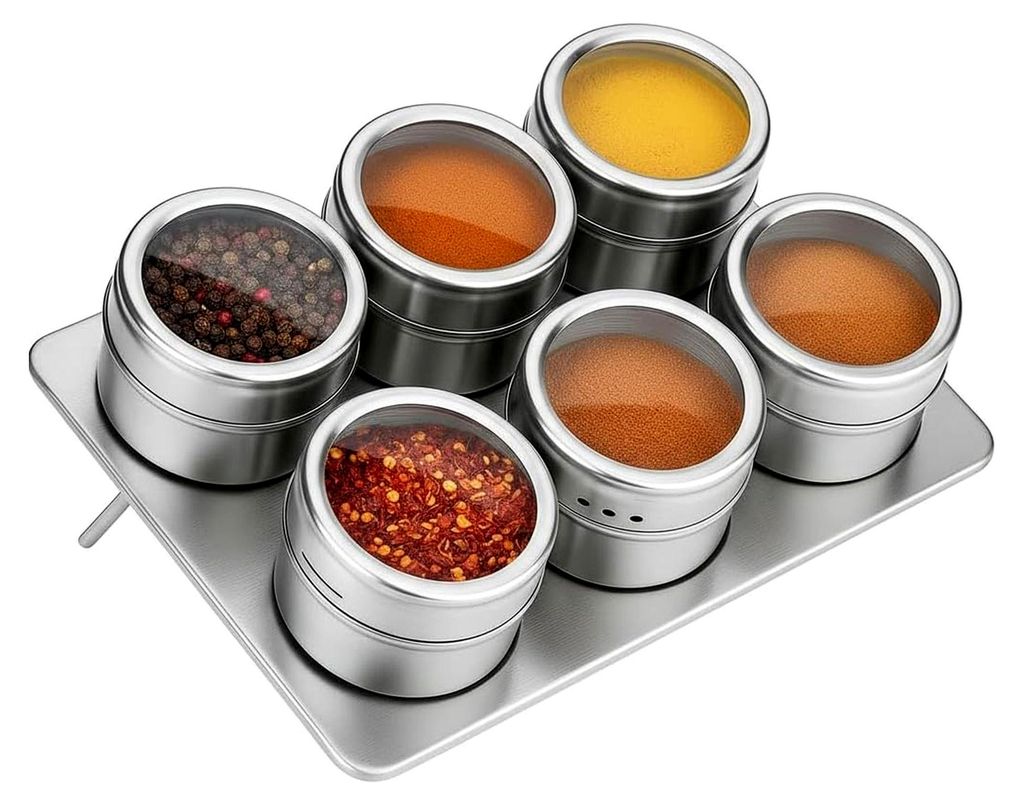 Magnetische Gewürzdosen Set Ø6x4,5 cm mit Metallplatte 15,5 cm – Edelstahl Gewürzgläser mit Sichtfenster und Drehdeckel – Magnetische Gewü...