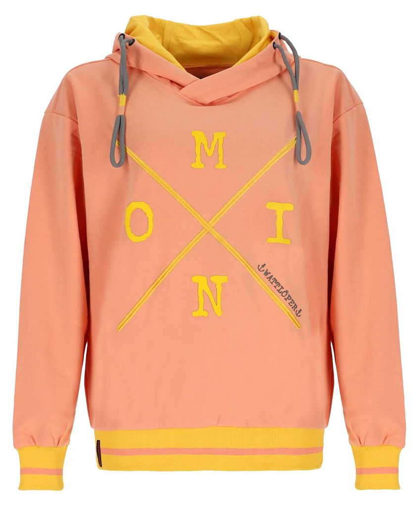 Wattlöper Damen Sweathoody mit Schriftzug X-Stick Moin - Pullover mit Kapuze mit 3-farbigen Bändern in Apricot Größe S