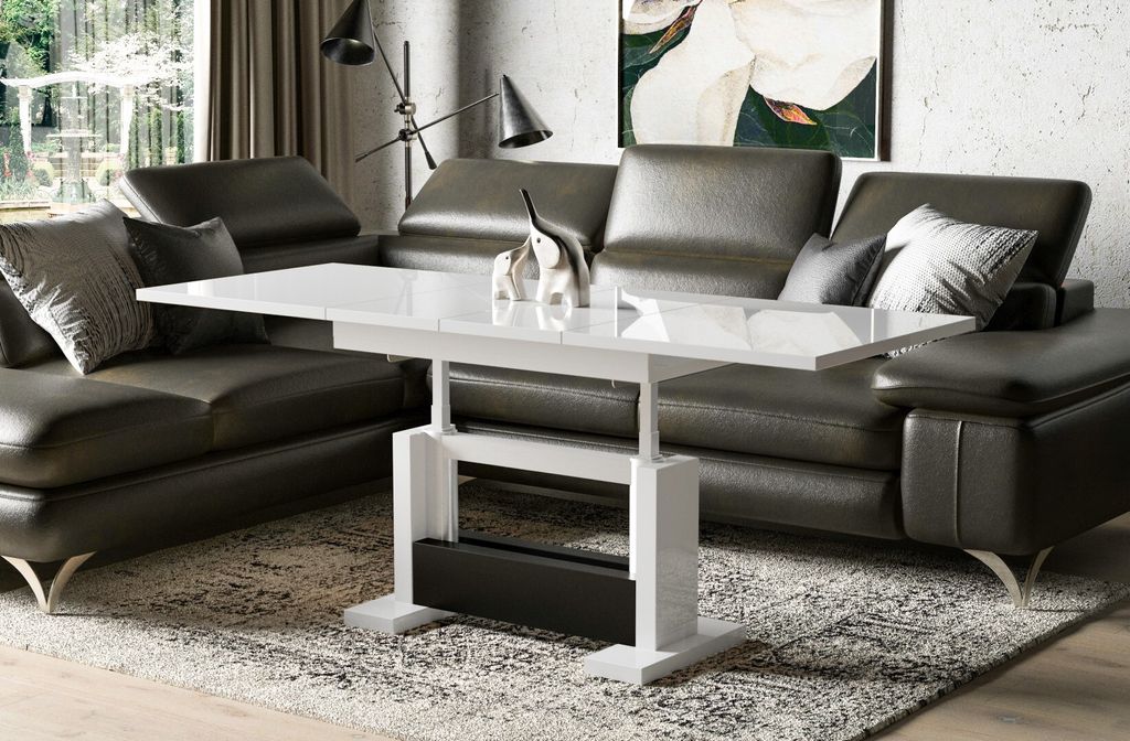 Endo-Möbel Couchtisch Kella 110-170 ausziehbar höhenverstellbar mit Synchronauszug (Weiß Hochglanz)