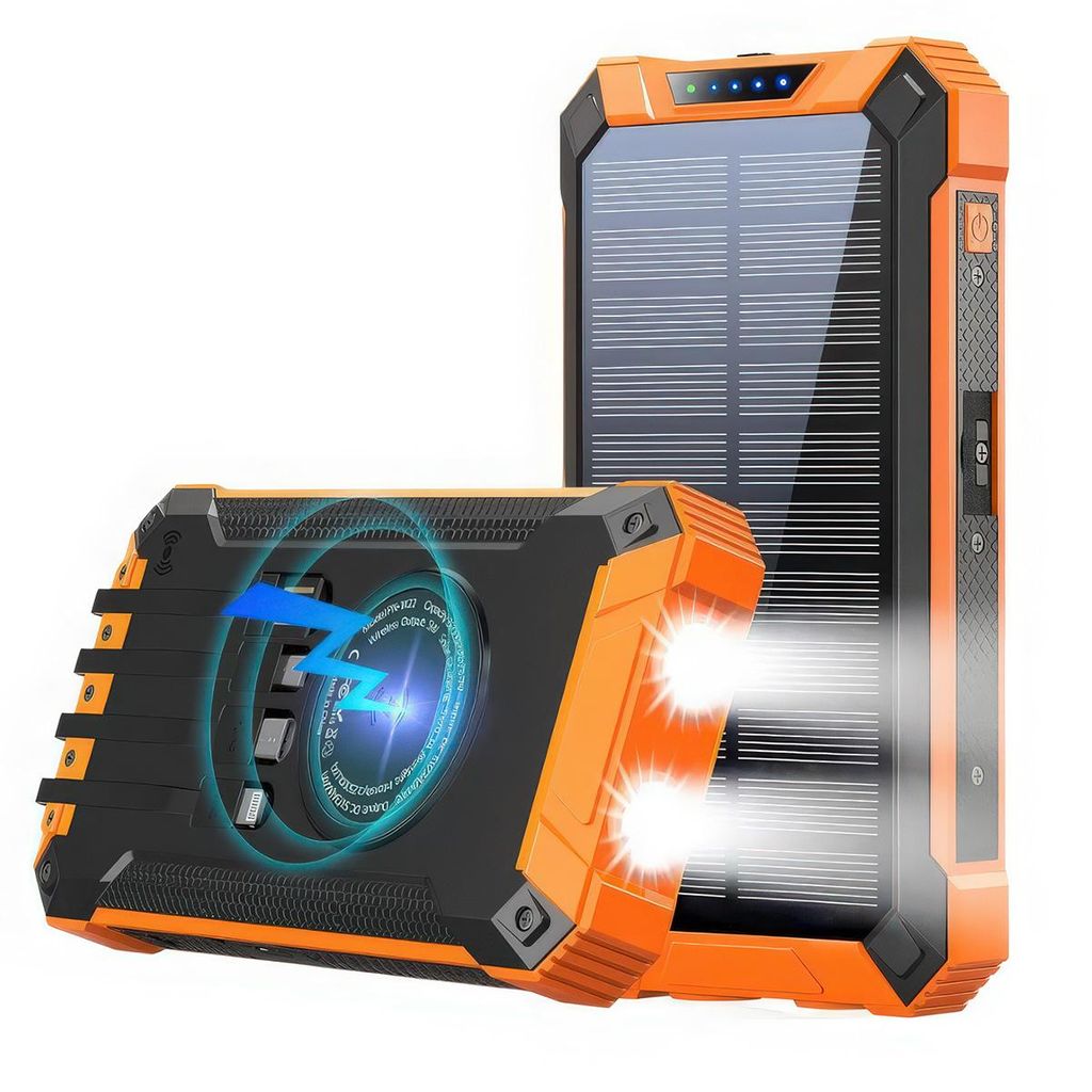 Solar-Powerbank 20000 mAh, Schnelles Wireless Charging, Integrierte 4 USB-Kabel, LED-Lampe & Karabiner, Für iPhone und Android