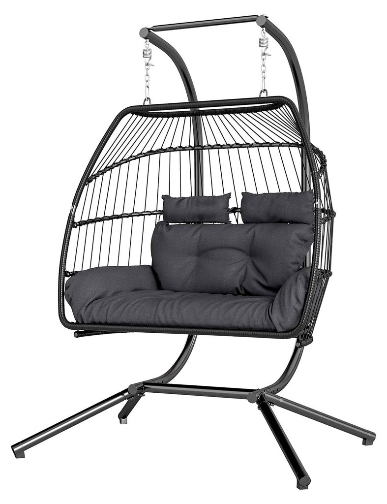 Faltbarer Hängesessel mit Gestell, Hängekorb mit Kissen aus Polyrattan, ergonomische Hängeschaukel für 2 Personen, belastbar bis 260 kg, Sessel...