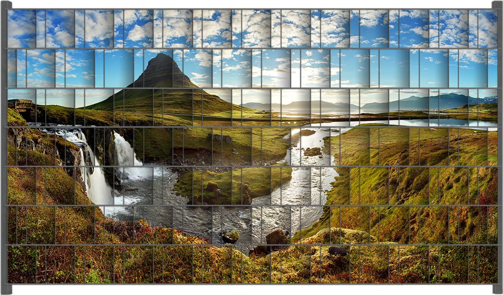 Wallario Zaunsichtschutz mit Motiv Island Panorama Fluss Berge und blauer Himmel für Ein- und Doppelstabmatten Zäune in der Größe 250 x 140 cm