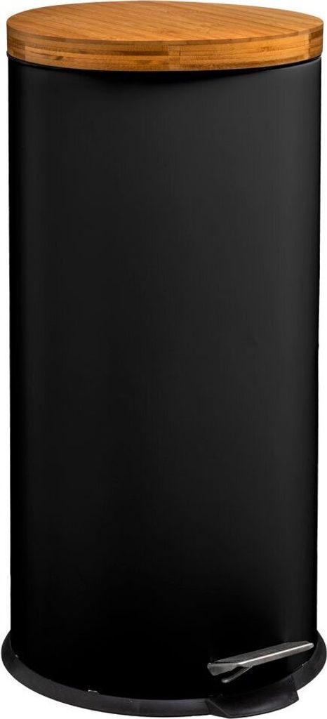 A black pedal bin with a bamboo lid.