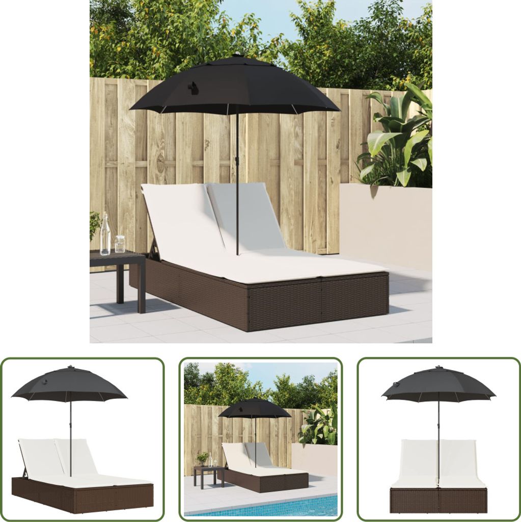 The Living Store Doppel-Sonnenliege mit Kissen & Sonnenschirm Braun Poly Rattan