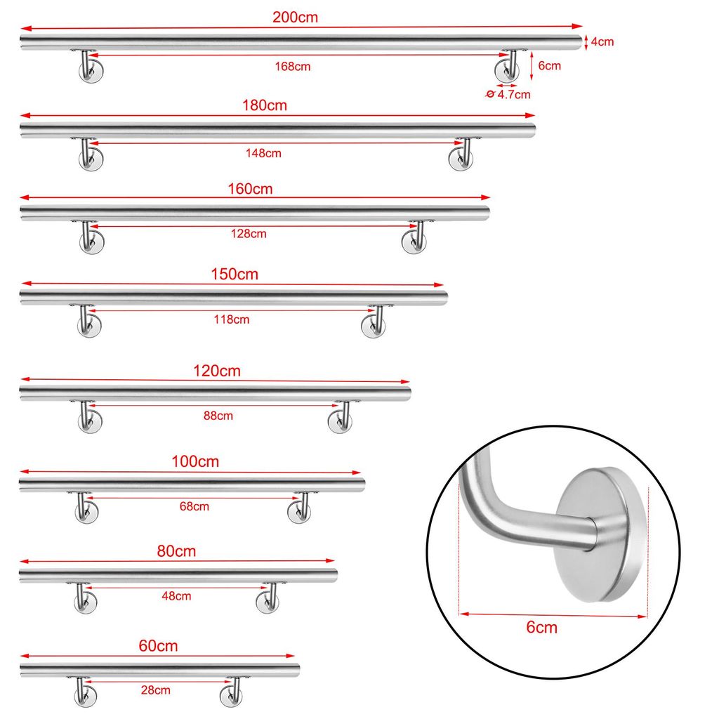 LARS360 150cm Handlauf Wandhandlauf Treppe Edelstahl Geländer am Stück Brüstung Balkongeländer Treppengeländer für Innen & Außen