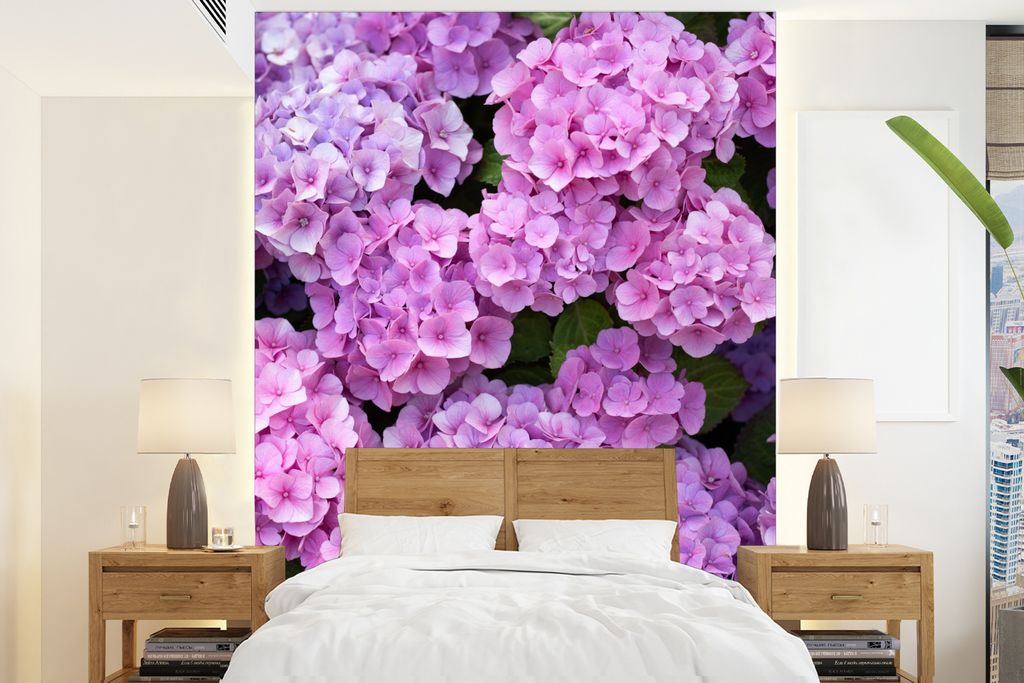 MuchoWow Fototapete für Wohnzimmer oder Schlafzimmer Wandtapete Vinyl Motivtapete Blumen - Hortensie - Strauch - Rosa - Blütenblätter - 190x26...