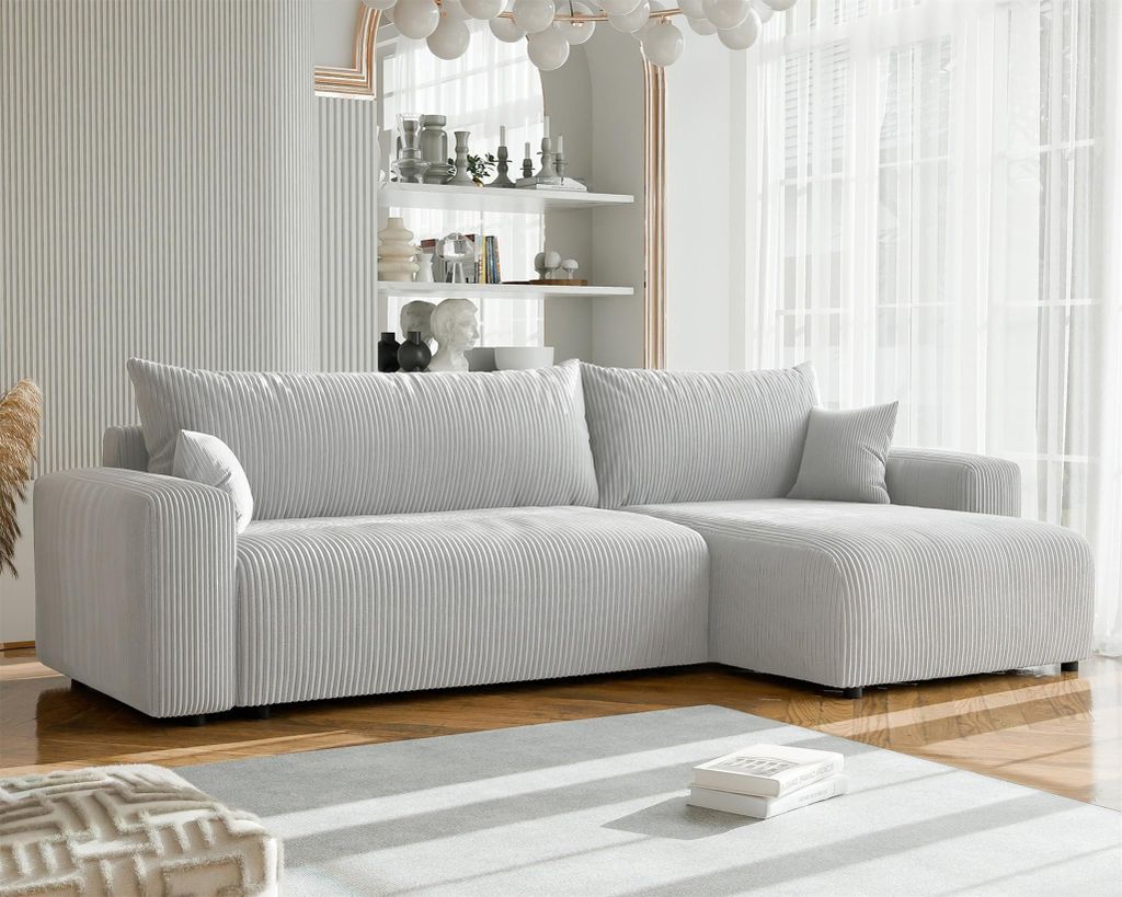 Ecksofa mit Schlaffunktion LUNA MAX in Stoff Poso Hellgrau Ottomane Rechts