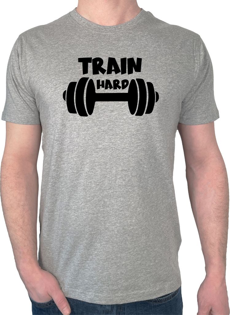Huuraa Männer Oberteil Train hard Hantel Geschenk Größe 3XL Sport Grey Bio Baumwolle Fairtrade Train hard Mitbringsel