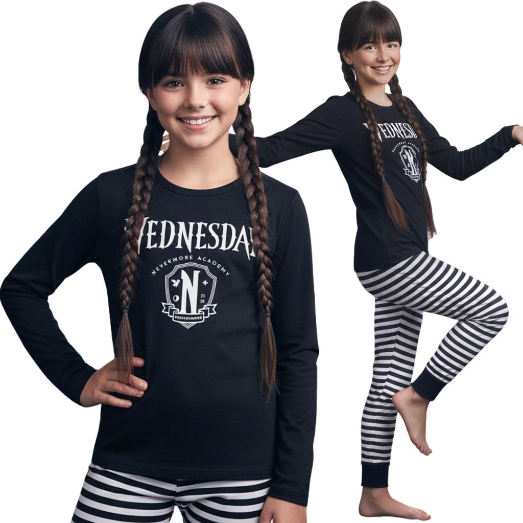 WEDNESDAY Baumwollpyjama für Mädchen in Schwarz-Weiß, ZWEITEILIGER Pyjama mit langen Ärmeln, 100 % BAUMWOLLE 146-152