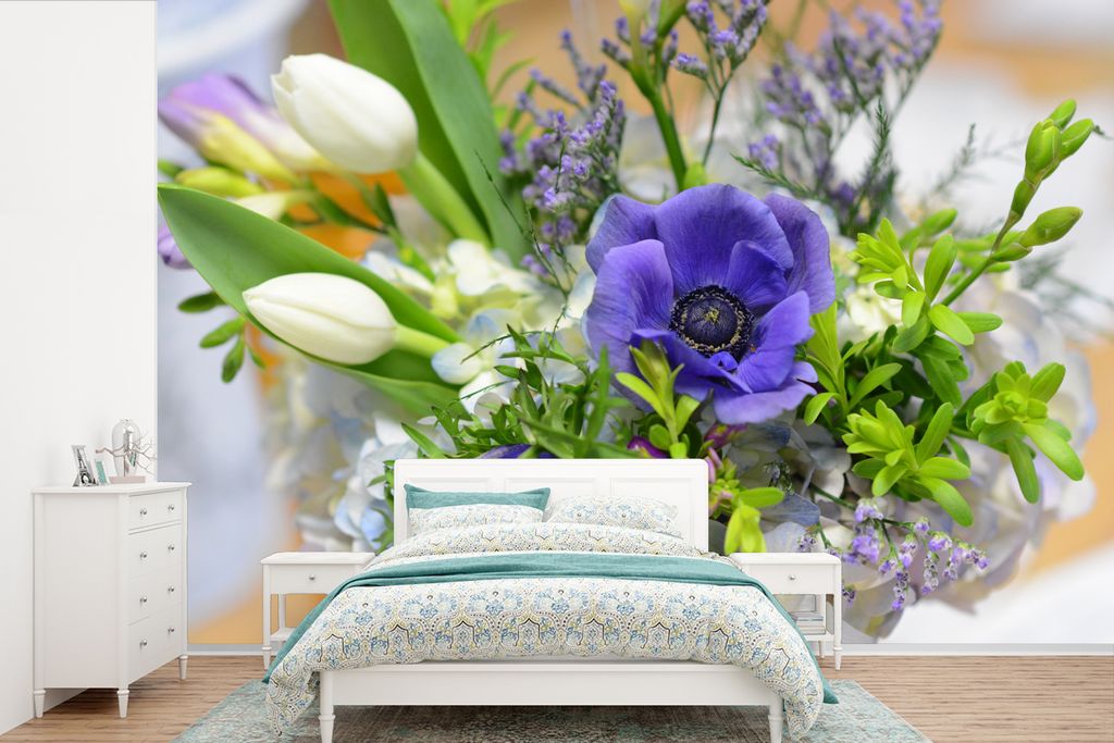 MuchoWow Fototapete für Wohnzimmer oder Schlafzimmer Wandtapete Vinyl Motivtapete Blaue Tulpen in einem Strauß - 525x350 cm - Das Hintergrundbild