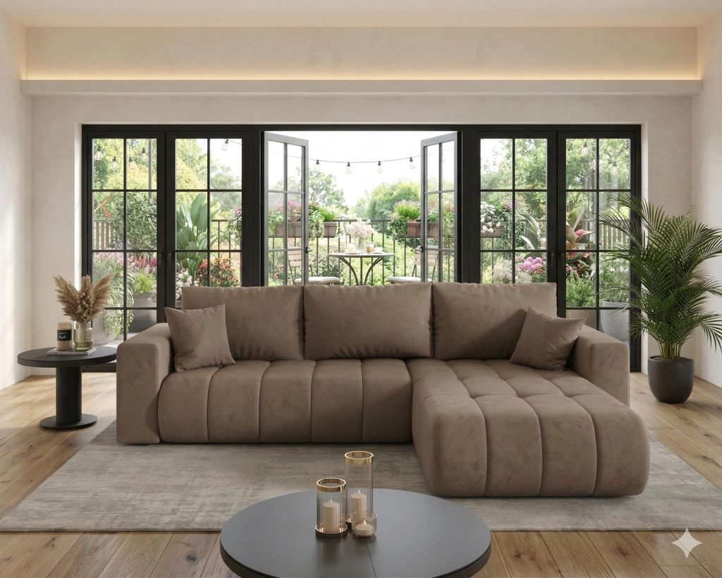 CORNERO Ecksofa LARA L-Form PREMIUM mit Schlaffunktion und Bettkasten Couch Sofa in L-Form Eckcouch Braun Ottomane rechts