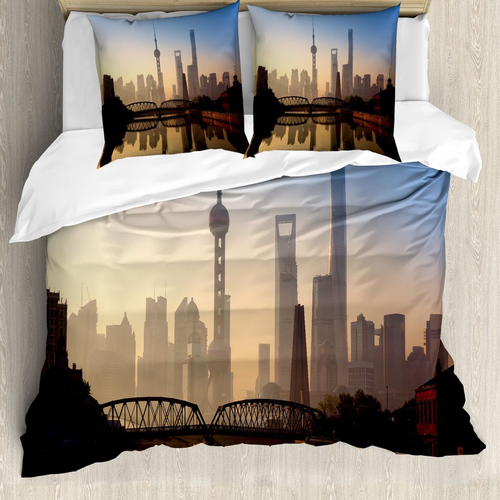 ABAKUHAUS Landschaft Bettbezug, Shanghai Morning View, Milbensicher Allergiker geeignet mit Kissenbezügen, 155 cm x 220 cm - 80 x 80 cm, blau, Braun,