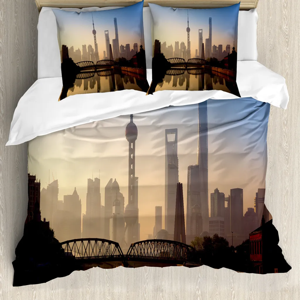 ABAKUHAUS Copripiumino paesaggio, Shanghai Morning View, antiacaro, adatto a chi soffre di allergie, con federe, 155 cm x 220 cm - 80 x 80 cm, blu, marrone,