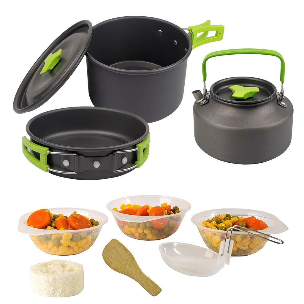 Camping Kochgeschirr Set Pfanne Teekanne Topf 10-teiliges Outdoor Picknick Töpfen aus Aluminium für 2-3 Personen(Grün)