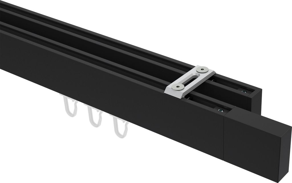 Interdeco Innenlaufstange / Gardinenstange mit Innenlauf Schwarz, Typ Smartline Lox (Quader) Deckenmontage, 14x35 mm 2-läufig, 240 cm