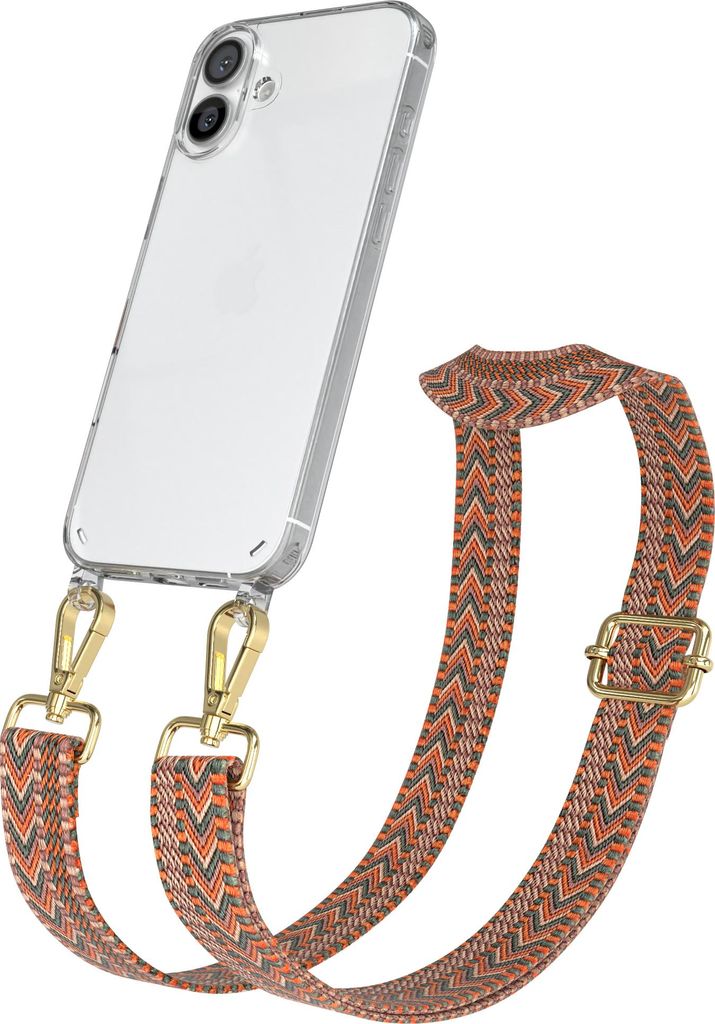 Apple iPhone 16 Plus Chain Eyelets Slim Neck Strap Set Zig Zag Orange - Green 9 Metall Gold