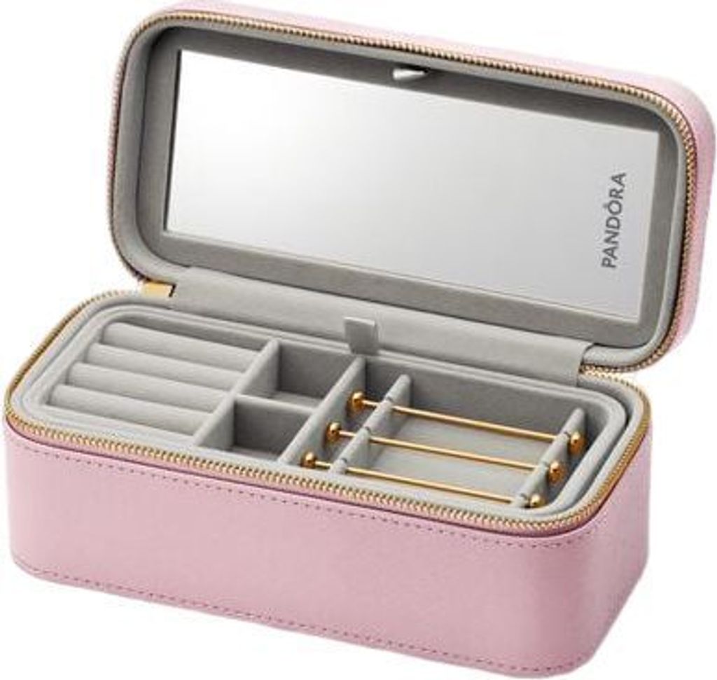 An open pink jewelry box with compartments and a mirror inside.