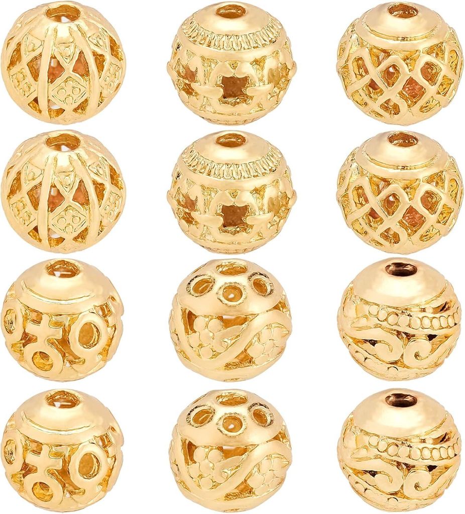 36 Stück 6 Stile 18 Karat vergoldete runde lose Perlen hohle Legierungs Spacer Perlen für DIY Ketten Armband Schmuck Handwerksproduktion