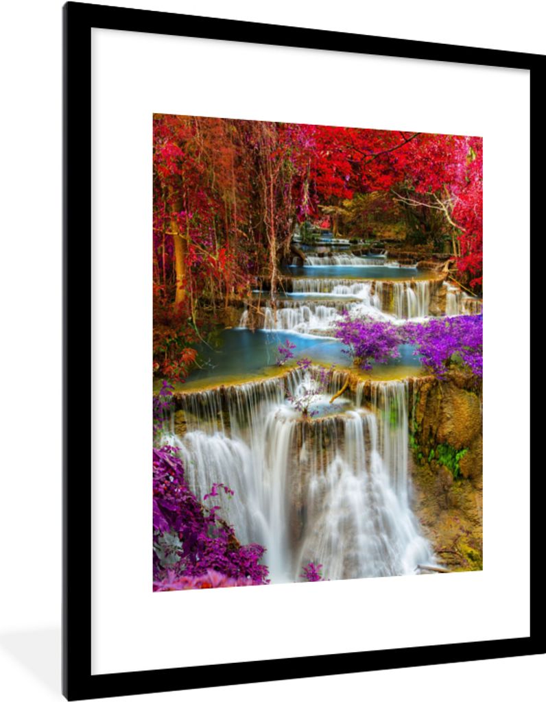 MuchoWow Gerahmtes Poster Wasserfall - Rosa - Bäume 60x80 cm - Poster mit Schwarzem Bilderrahmen Wandposter Rahmen Foto Bilder - Wohnzimmer - De...