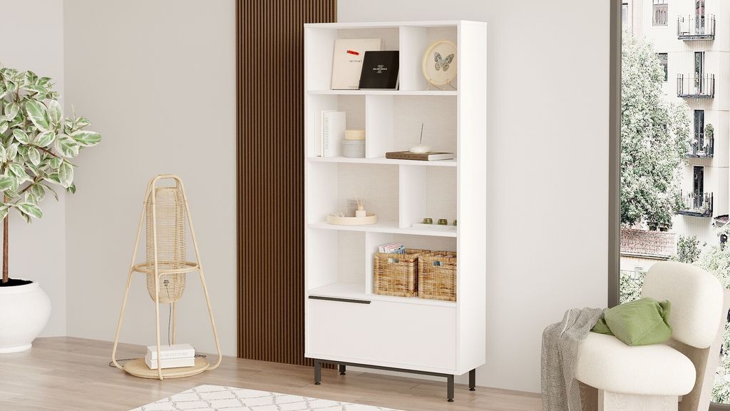 Skye Decor, On4-W, Bücherregal, 100 % MELAMINBESCHICHTETE SPANPLATTEN, Weiß, 83,9 x 29,5 x 175,6 cm