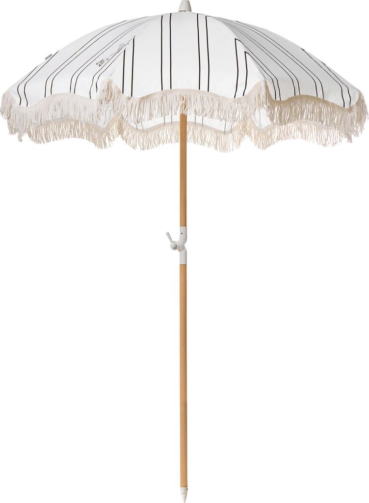 BELIANI Sonnenschirm Weiß u. Schwarz Stoff-Bespannung Rund 150 cm mit Volant Regenschutz Holzmast Neigungsfunktion Kurbel Boho Garten Outdoor ...