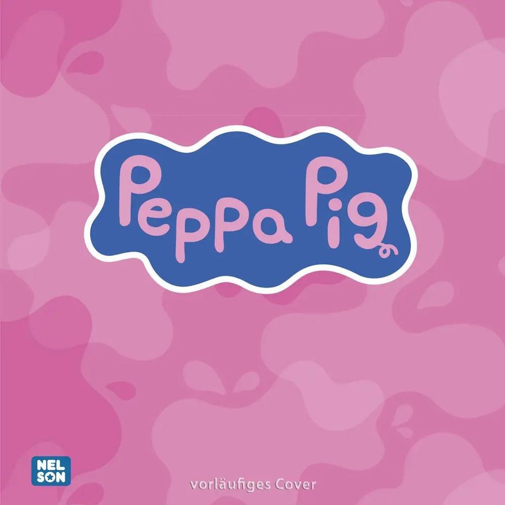 The image is a marketing graphic for a Peppa Pig book, featuring the show's logo against a pink, abstract background.