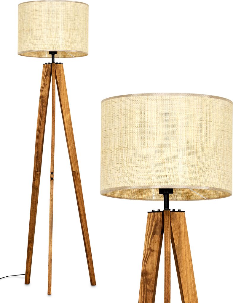 Reggio Stehlampe aus Holz/Metall/Papiergeflecht in Natur/Schwarz/Beige