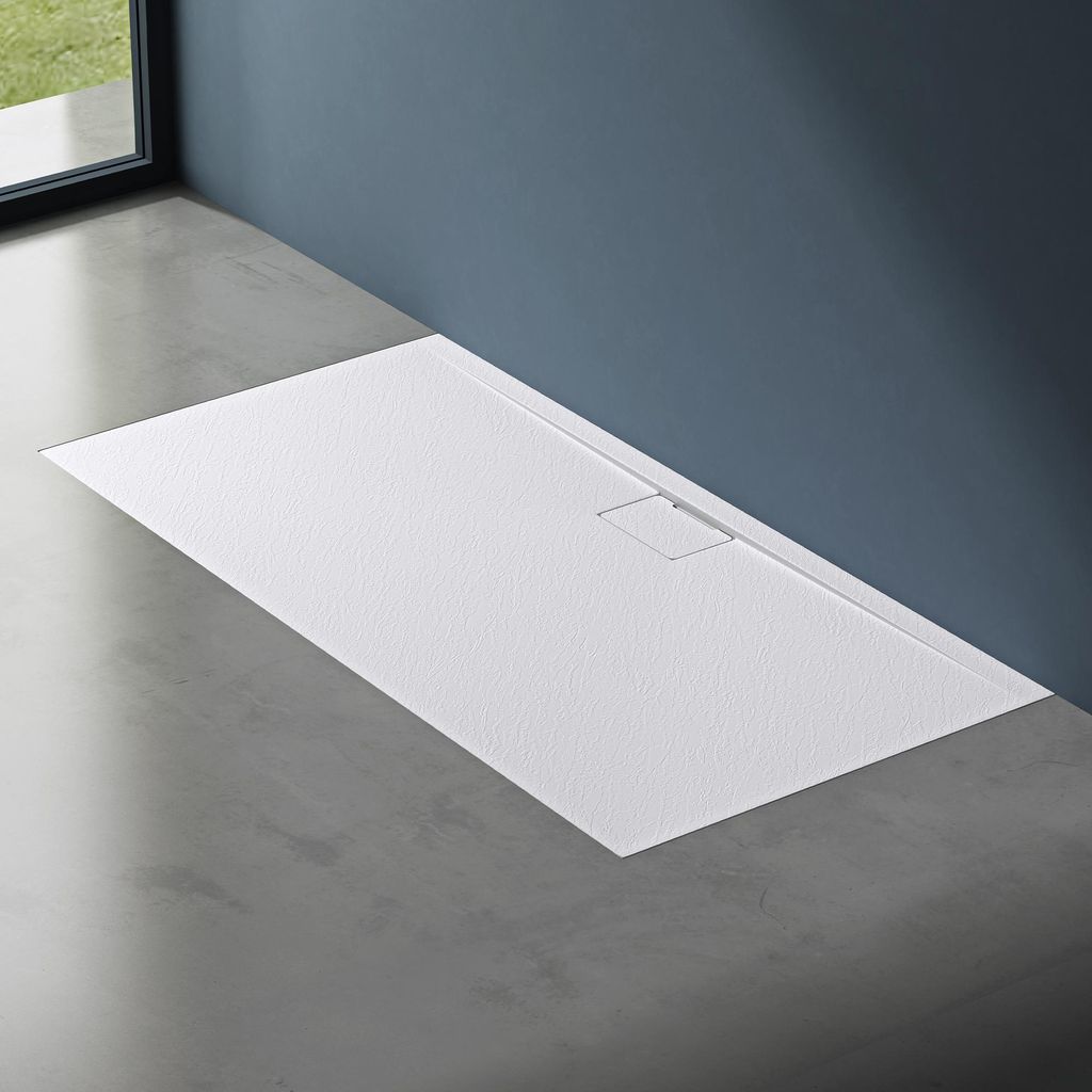 doporro Duschtasse Duschwanne 100x160x3 flach Mineralguss in Weiß DIN-Anschlüsse für bodengleiche Montage geeignet Geoma07